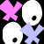 Pixelated animated contact sheet showing two frames of a buddy icon with pink and light blue X symbols, white skull-like shapes, and a pink heart on black background.