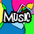 A colorful pixelated animation with text changing from "MUSIC" to "IS" then "LOVE", set against a blue background with pink, green, and yellow shapes.