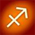 Static pixelated icon of a white Sagittarius zodiac symbol on an orange-red gradient background with visible dithering and anti-aliasing effects.