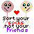 Two pixelated figures with stick bodies hold hands under a red heart, with text reading 'sort your socks not your friends' in mixed colors.