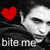 Black-and-white image of a person with dark hair and red heart symbols, overlaid text reads 'bite me' in pixelated font.
