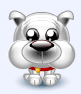 Animated cartoon bulldog with silver fur, red collar, and yellow tag sits facing forward on light blue background.