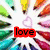six identical cartoon-style icons featuring a central white starburst with colorful pencil tips radiating outward, each containing the word 'love' in a colored box