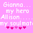 Pixelated text on pink background with heart symbols, showing two identical side-by-side layouts of names and phrases.