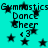 Cyan background with black text and star symbols repeating in a pattern; text reads "Gymnastics Dance Cheer <3" in pixelated font