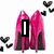 Pixelated pink high-heeled shoes with black accents, surrounded by small black heart shapes, with text and symbols changing on the shoes across frames.