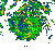 Animated sequence of swirling green, yellow, and blue vortex patterns on a gray background, each frame showing incremental rotation and color shift.