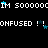 Pixelated text repeats 'IM SOOOOOCIM' and 'ONFUSED !!' across black background with scattered blue stars.