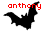 Red text 'anthony' above three black bat silhouettes in different poses on white backgrounds, with one frame showing a gray background.