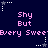 Pixelated animation with pink text and white stars on dark blue background, repeating 'Shy But' and 'Every Sweet' phrases.