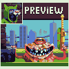 Pixel art preview image showing a cityscape with skyscrapers, a large monster-like creature holding a sword, and an inset of a green hooded figure.
