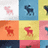 Pixelated of colored squares with animal silhouettes and red text elements on white background