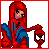 Pixelated Spider-Man icon with red and blue costume holding a small Spider-Man head prop, bordered by red on left and blue on right.