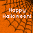 Orange background with black spiderweb pattern and white text reading 'Happy Halloween!' in pixelated font.