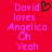 Red background with pink pixelated text reading "David loves Angelica Oh Yeah" and a black heart symbol above the right-side text block.