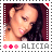 Alicia Keys portrait in a stamp-style frame with three pink stars and 'ALICIA' text below, showing subtle animation changes in star colors and head position.