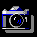 Pixelated camera icon with blue and gray tones, showing sequential animation frames of a flash effect from dark to bright white.