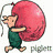 Pixelated cartoon character in green shorts carrying a large pink balloon, with two sequential poses showing slight movement and one frame containing a small red heart symbol.