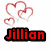 Red heart outlines and text elements on a white background, with one version showing 'Jillian' in red letters on black block and another showing '<3'.