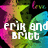 Pixelated star and leaf design with text overlays, featuring 'erik and britt' and 'we're perfect' in white block letters.