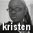 Pixelated grayscale portrait of a person with long hair and glasses, overlaid with white lowercase text reading 'kristen' at the bottom.