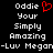 Black background with white pixelated text reading 'Oddie Your Simply Amazing -Luv Megan-Luv Megan' and a red pixelated heart symbol next to 'Oddie' on the left side.