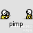 Animated sequence of pixelated yellow figures with white heads performing actions with a yellow and white object, labeled 'pimp' beneath each frame.