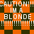 Animated pixel art with orange and dark green checkered background, repeating text "CAUTION!!! IM A BLONDE" in white block letters.