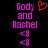 Pixelated text 'Gody and Rachel' in magenta with two '<9' symbols below, a red heart symbol above the right side of the text on black background.