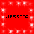 Red background with white sparkles and four instances of the name "JESSICA" in black pixelated text arranged in a