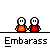 Pixel art of two figures holding hands with changing facial expressions and clothing details beneath the text 'Embarass' on a gray background.