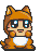 Pixelated orange cat-like character with blue eyes and white belly in various poses on gray background