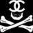 Black and white pixelated icon featuring a stylized skull with crossed bones beneath it, rendered in high-contrast monochrome.