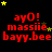 Red text and yellow stars on black background with repeated 'ayO! massie bayy.bee' phrases, some frames showing star position changes.