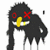 Pixelated black cartoon character with red X eyes, yellow beak-like nose, and white teeth on a transparent background.