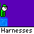 Animated sequence of a green-clad figure on blue blocks against purple background, performing harness-related actions with text "Harnesses" below.