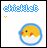 Pixelated blue text 'chick' above a yellow chick in an eggshell with orange beak and feet, surrounded by a light blue circle on white background.