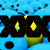 Pixelated icon with blue background, black X-shaped figure holding yellow crescent and diamond shapes, green triangular base.