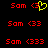 Red text 'Sam' with a yellow heart-shaped animation over red '<3' symbols on black background.