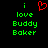 Green pixelated text 'i love Buddy Baker' with a red heart symbol above the word 'love', displayed on black background.