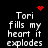 Black background with white pixelated text reading 'Tori fills my heart it explodes' and red pixelated symbols including a heart, starburst, and circle.