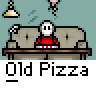 A 4x4 contact sheet of a pixel art animation featuring a white stick figure character on a couch with changing poses and expressions, alongside a final frame showing the character as a pizza slice.