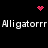 Pixelated text 'Aligatorr' repeats twice on top and bottom of black background, with pink heart and dot cluster icons at top center and right.