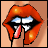 Pixelated close-up of red lips with a tongue sticking out, showing teeth and black lip outline against light brown background.