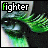 Green-eyed anime-style character with green hair and black background, text 'fighter' in white with green outline at top left.