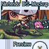 Pixel art preview of a Nintendo DS mockup showing character close-up and side view with green landscape background.