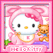 Hello Kitty avatar with pink hooded outfit holding teddy bear, text 'Hello Kitty' at bottom, pink border, and gray background.