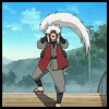 Animated sequence of a character with long white hair and red vest performing a bending motion on a wooden platform against a landscape background.