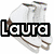 A pixelated image of white sneakers with brown accents on a plain background, overlaid with bold black text reading "Laura".