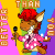 Pixelated cartoon character in pink outfit holding microphone, repeated across yellow and blue background with text elements.